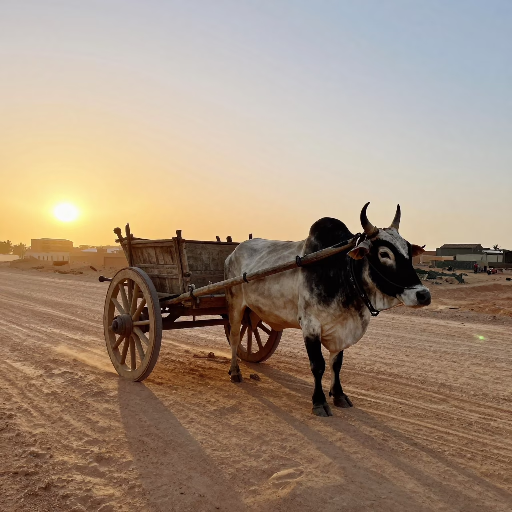 Traditional Wooden Ox Cart on Dusty Road in Essaouira Morocco at Sunset in in Essaouira, Morocco