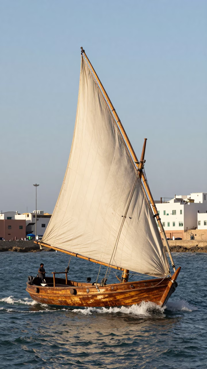 Traditional Wooden Sailboat Heeling in Strong Wind at Essaouira Harbor During Early Afternoon in in Essaouira, Morocco