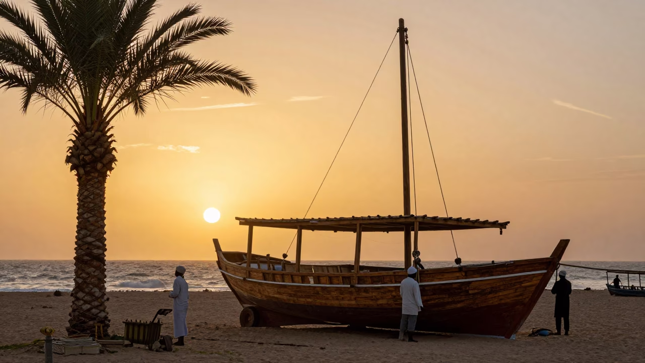 Traditional Wooden Sailboat in Essaouira Boatyard at Sunset with Palm Tree Silhouette in in Essaouira, Morocco