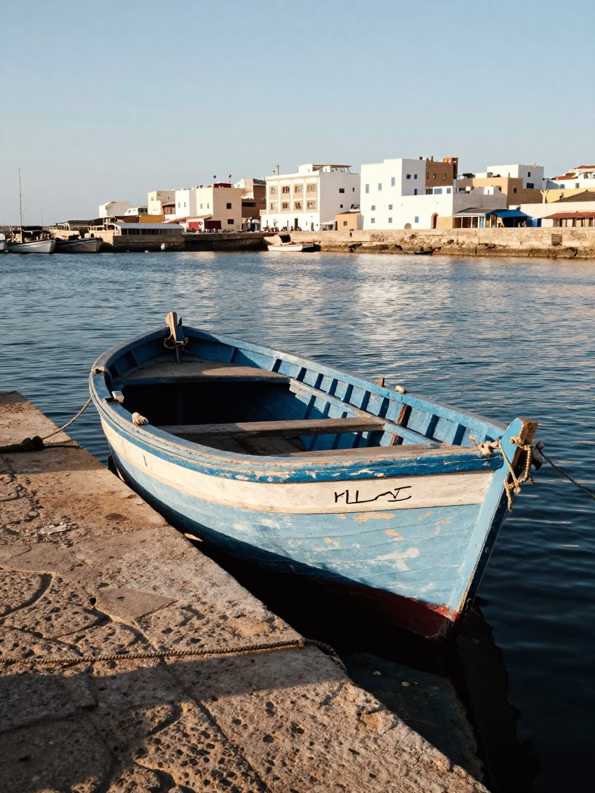 Traditional Wooden Skiff Moored in Essaouira Harbor During Late Morning Light in in Essaouira, Morocco