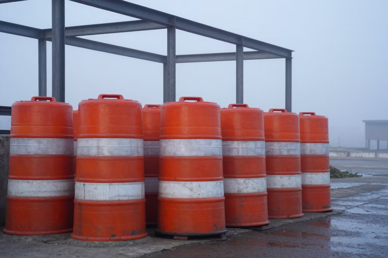 Traffic Barrel Stack at Dawn in Bangladesh in beside a framed building shell in Bangladesh