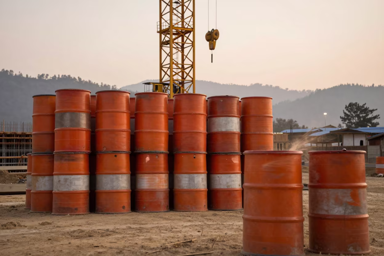 Traffic Barrel Stack Under Crane in Bhutan in beneath a tower crane on open ground in Bhutan