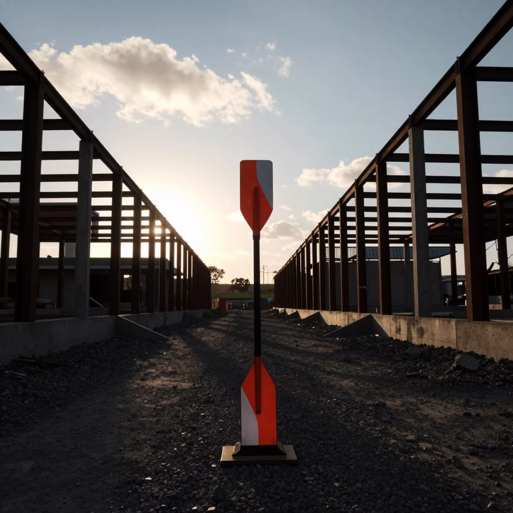 Silhouette of Traffic Flagging Paddle at Golden Hour in beside a framed building shell in Manzini