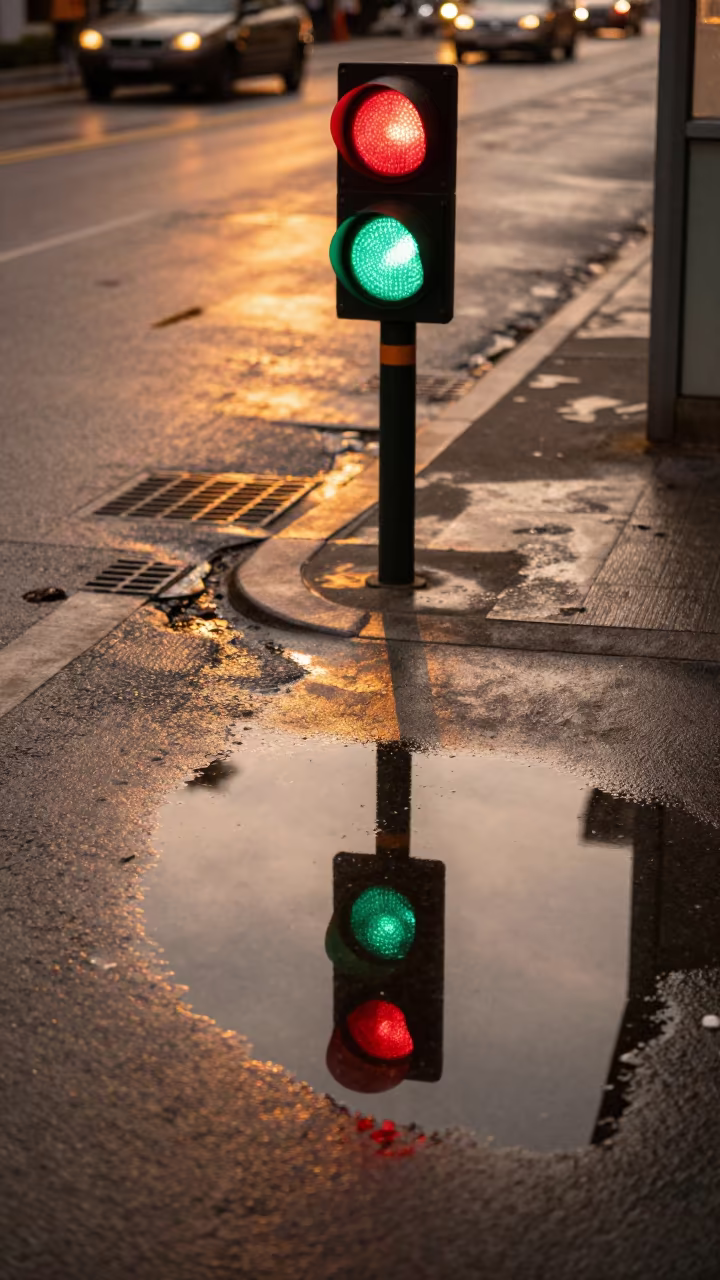 Traffic Light Puddle Reflection Dali Street Corner in outside a metro entrance in Dali