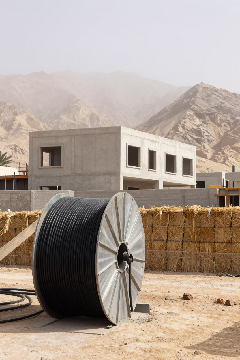 Traffic Signal Conduit Reel Beside Building Shell in beside a framed building shell in Oman