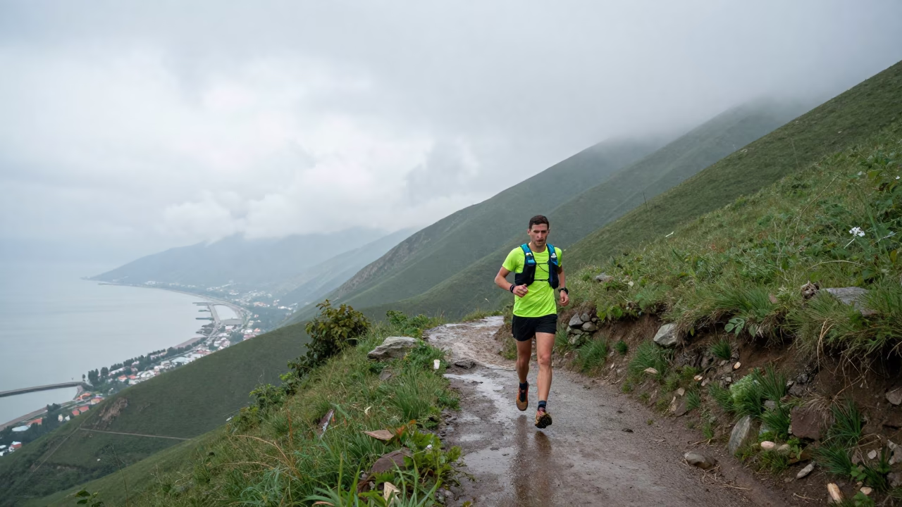 Trail Runner on Bishkek Harbor Quay in at a harbor quay near Bishkek