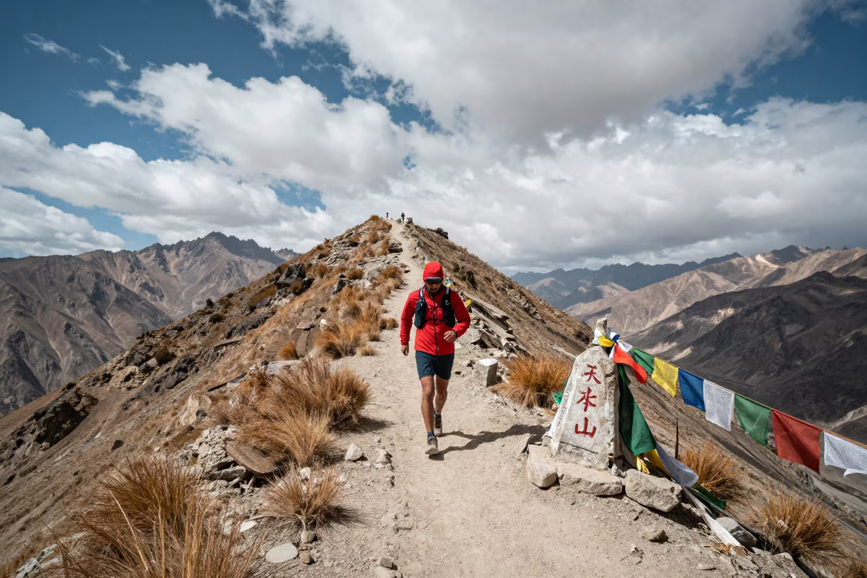 Trail Runner on Leh Ridge in Autumn Glare in in a village lane near Leh