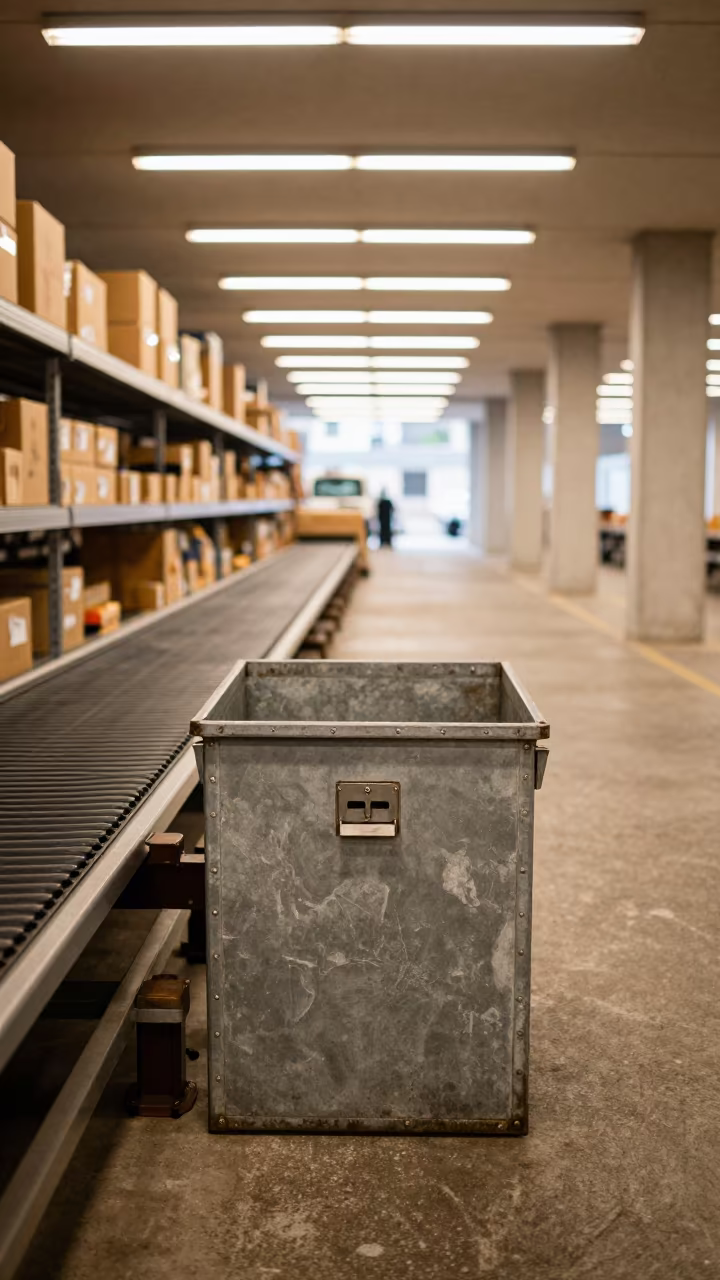 Trailer Lock Bin Under Strip Lighting in at a parcel sorting belt near São Paulo