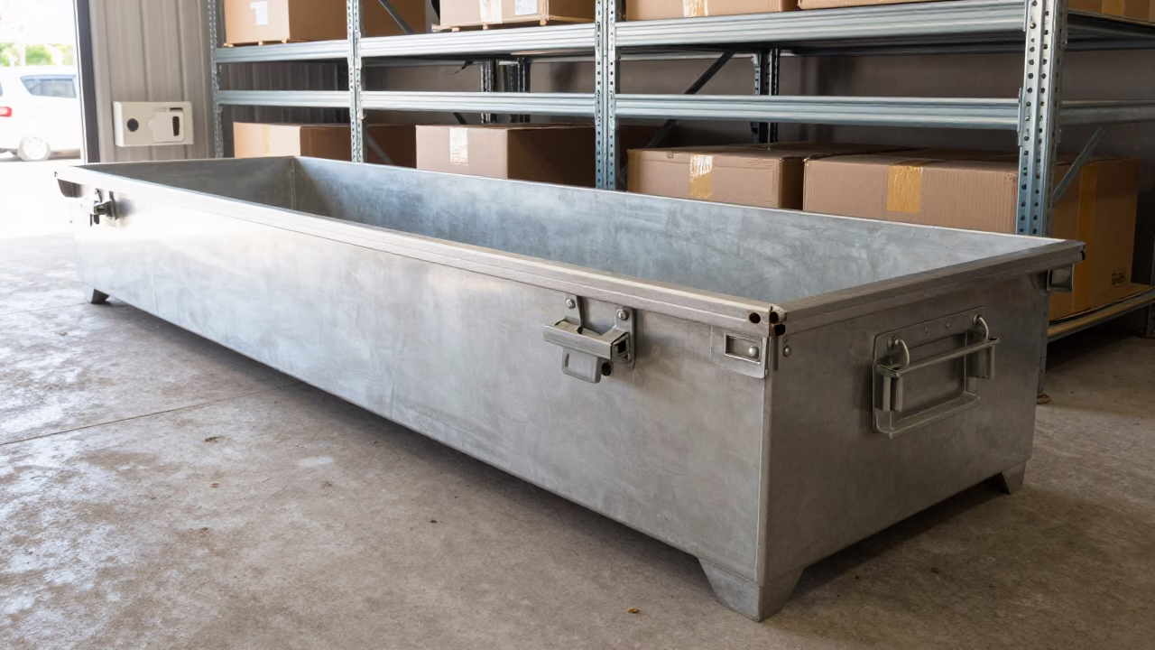 Trailer Lock Bin Under Warehouse Strip Lighting in at a fulfillment packing station near Trujillo