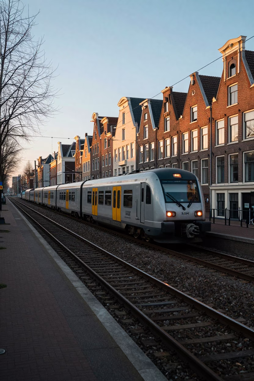 Train Arrival in Amsterdam at As First Light Reaches The Scene in in Amsterdam, Netherlands