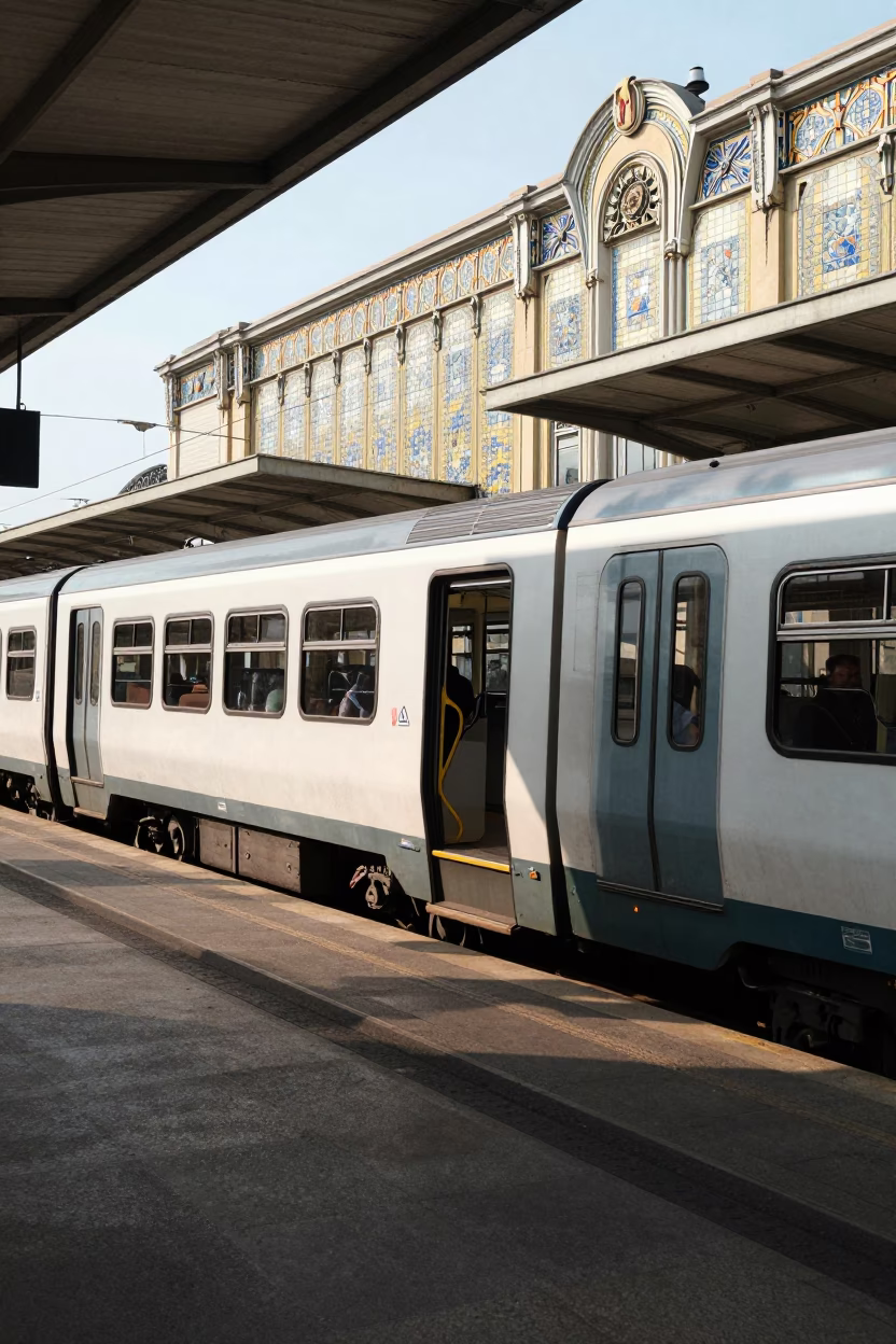 Train Arriving at The Flat Glare Of Noon Light in Budapest in in Budapest, Hungary