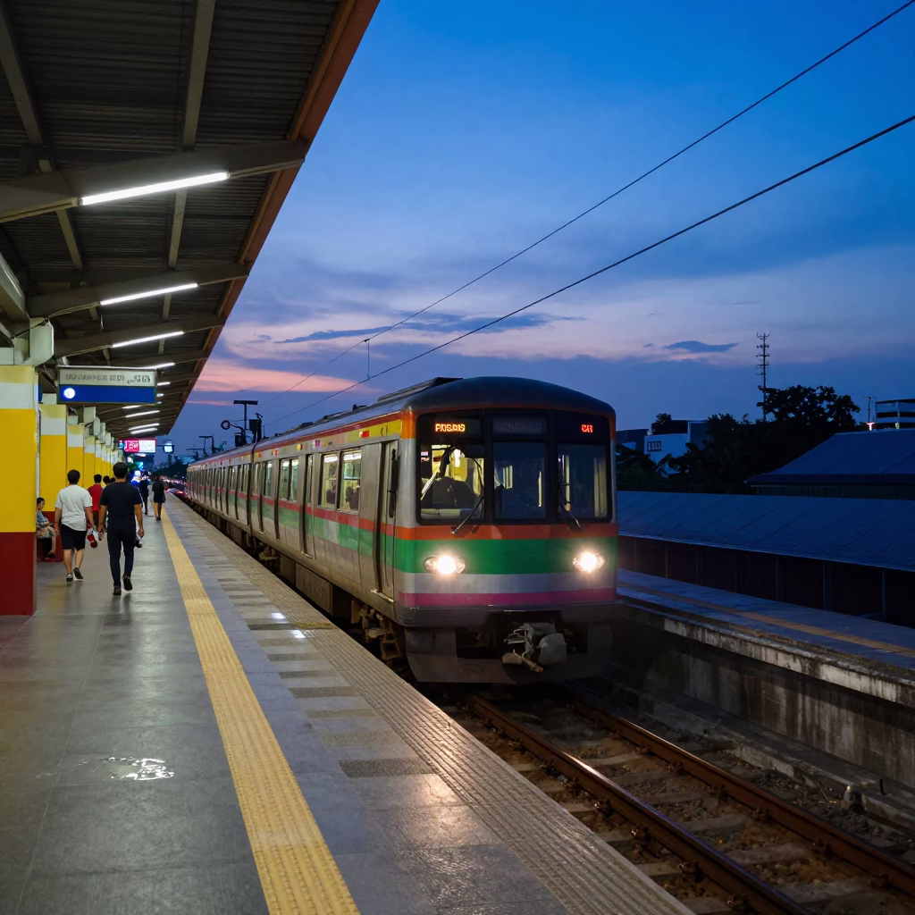 Train Arriving in Bangkok at Indigo Twilight After Sunset in in Bangkok, Thailand