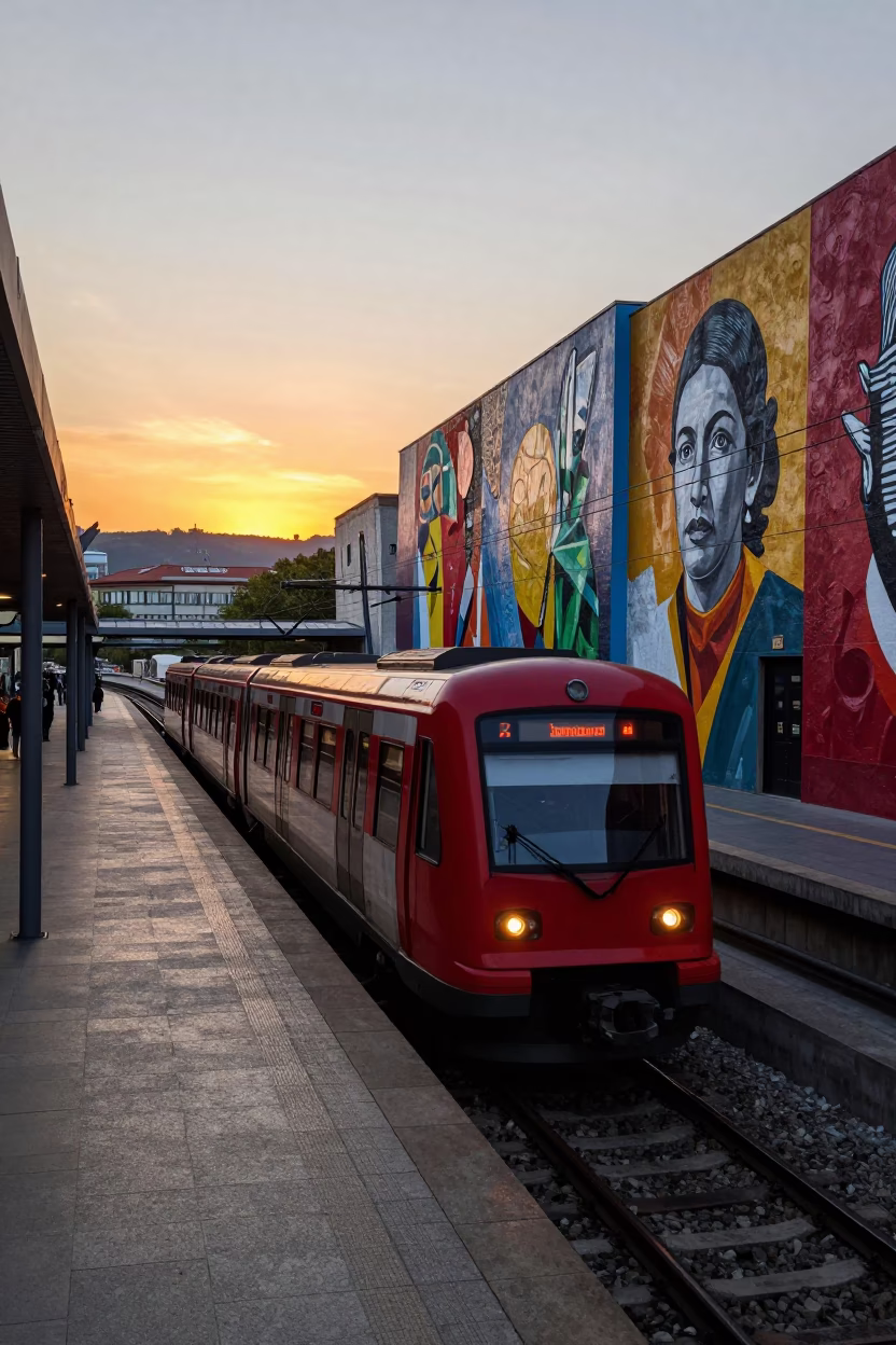 Train Arriving in Bilbao at Sunset Light in in Bilbao, Spain