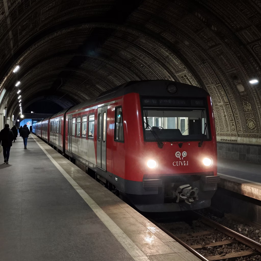 Train Arriving in Budapest at Late At Night Light in in Budapest, Hungary