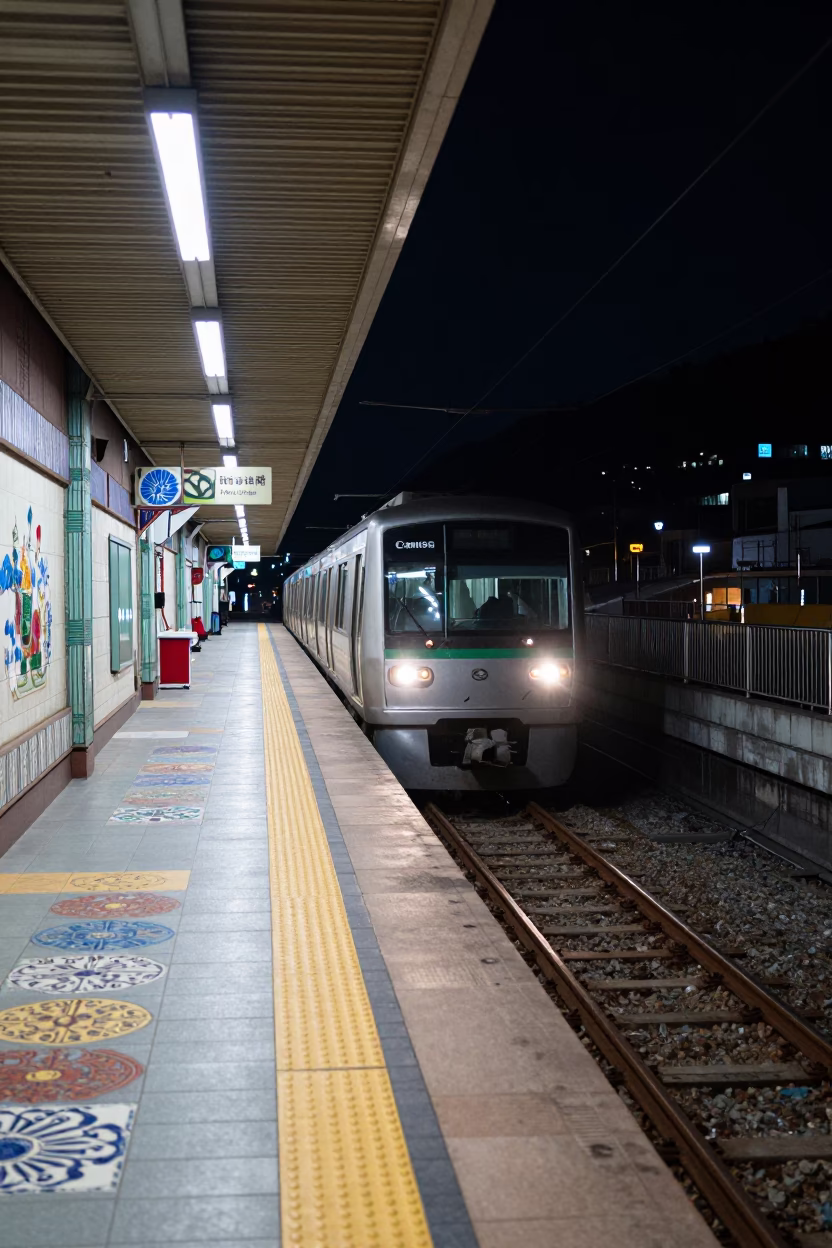 Train Arriving in Busan at Deep In The Night Light in in Busan, South Korea