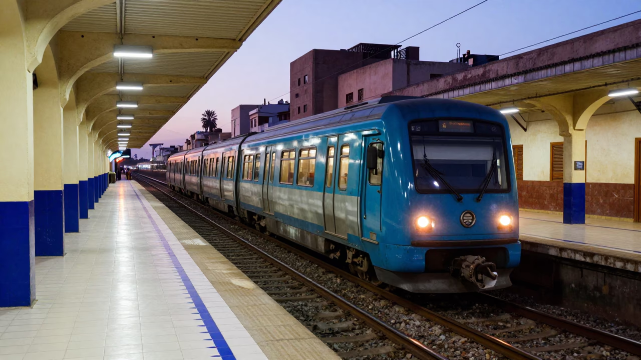 Train Arriving in Casablanca at As City Lights Begin To Glow in in Casablanca, Morocco