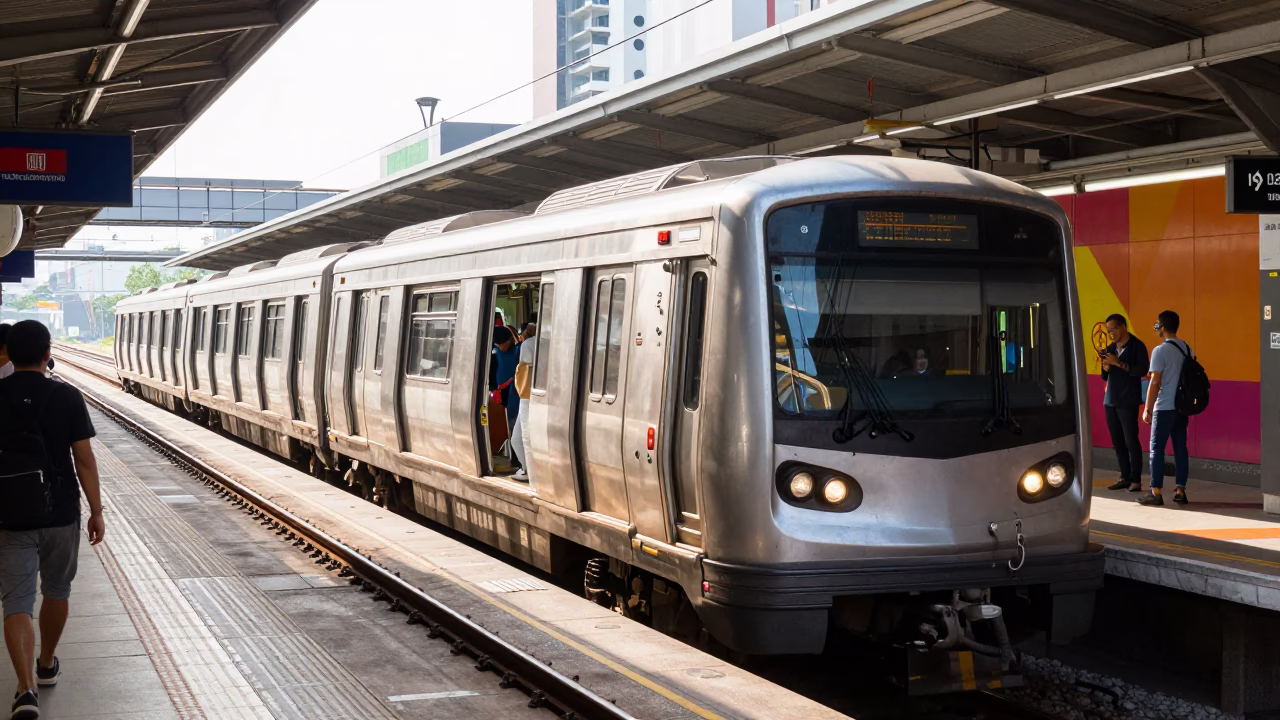 Train Arriving in Kuala Lumpur at Bright Midmorning Light in in Kuala Lumpur, Malaysia