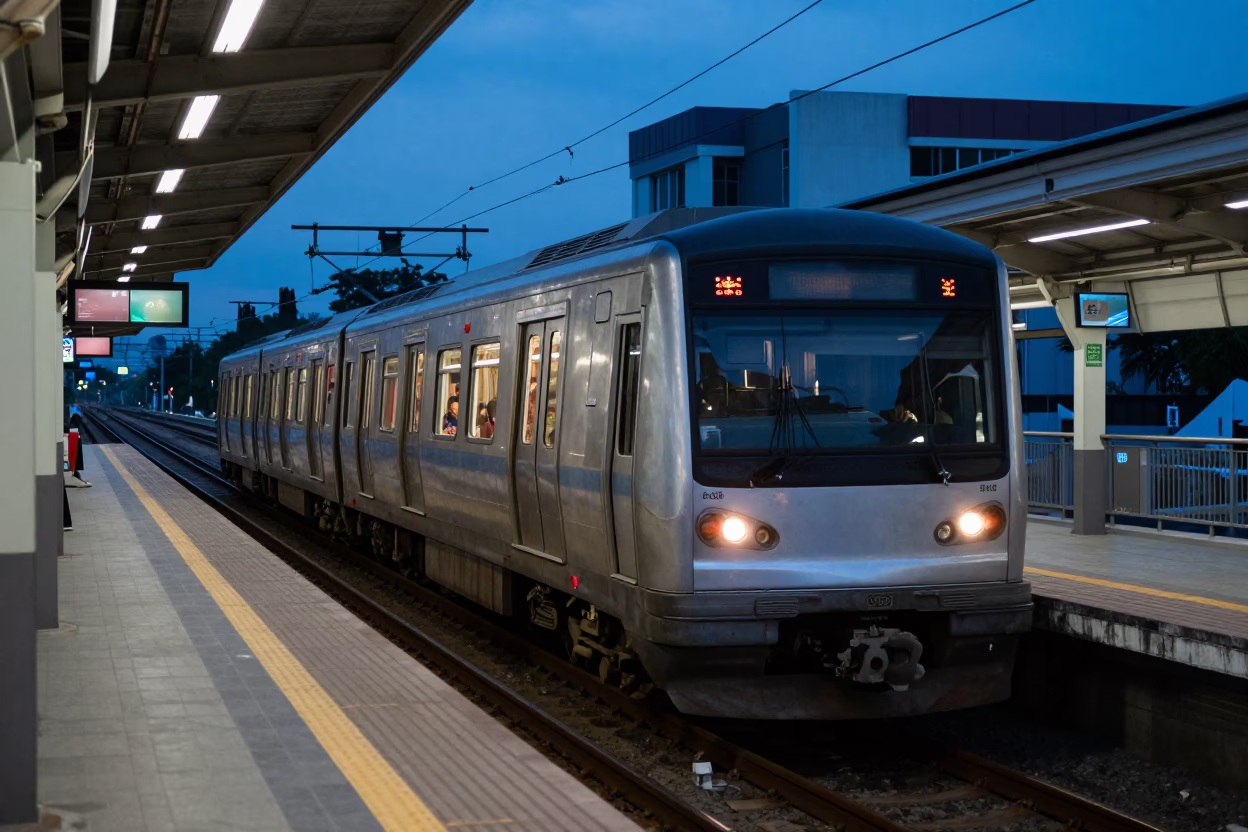 Train Arriving in Kuala Lumpur at The Last Blue Light Of Evening in in Kuala Lumpur, Malaysia
