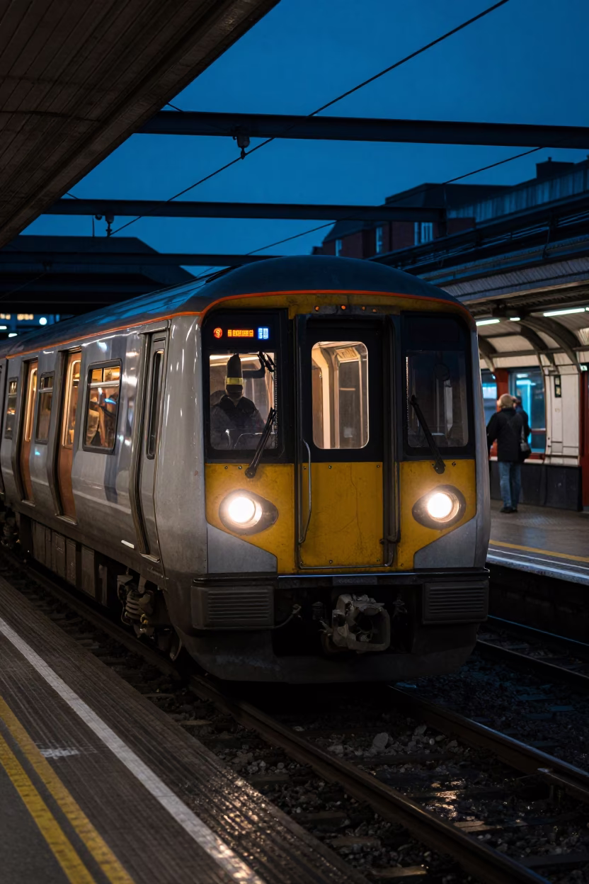 Train Arriving in Liverpool at As City Lights Begin To Glow in in Liverpool, United Kingdom
