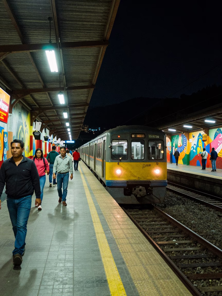 Train Arriving in Medellin at The Deepest Night Sky Light in in Medellin, Colombia