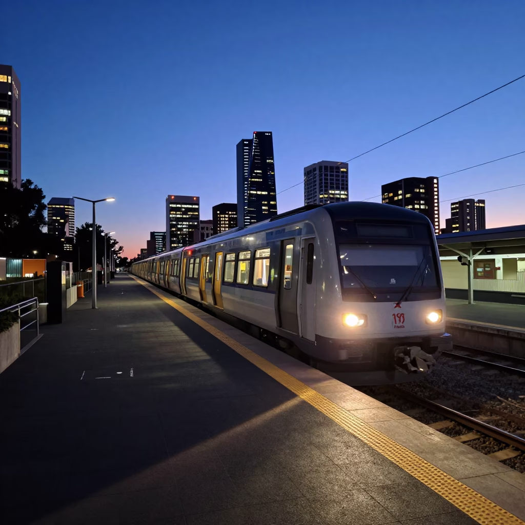 Train Arriving in Perth at Blue Hour in in Perth, Western Australia, Australia