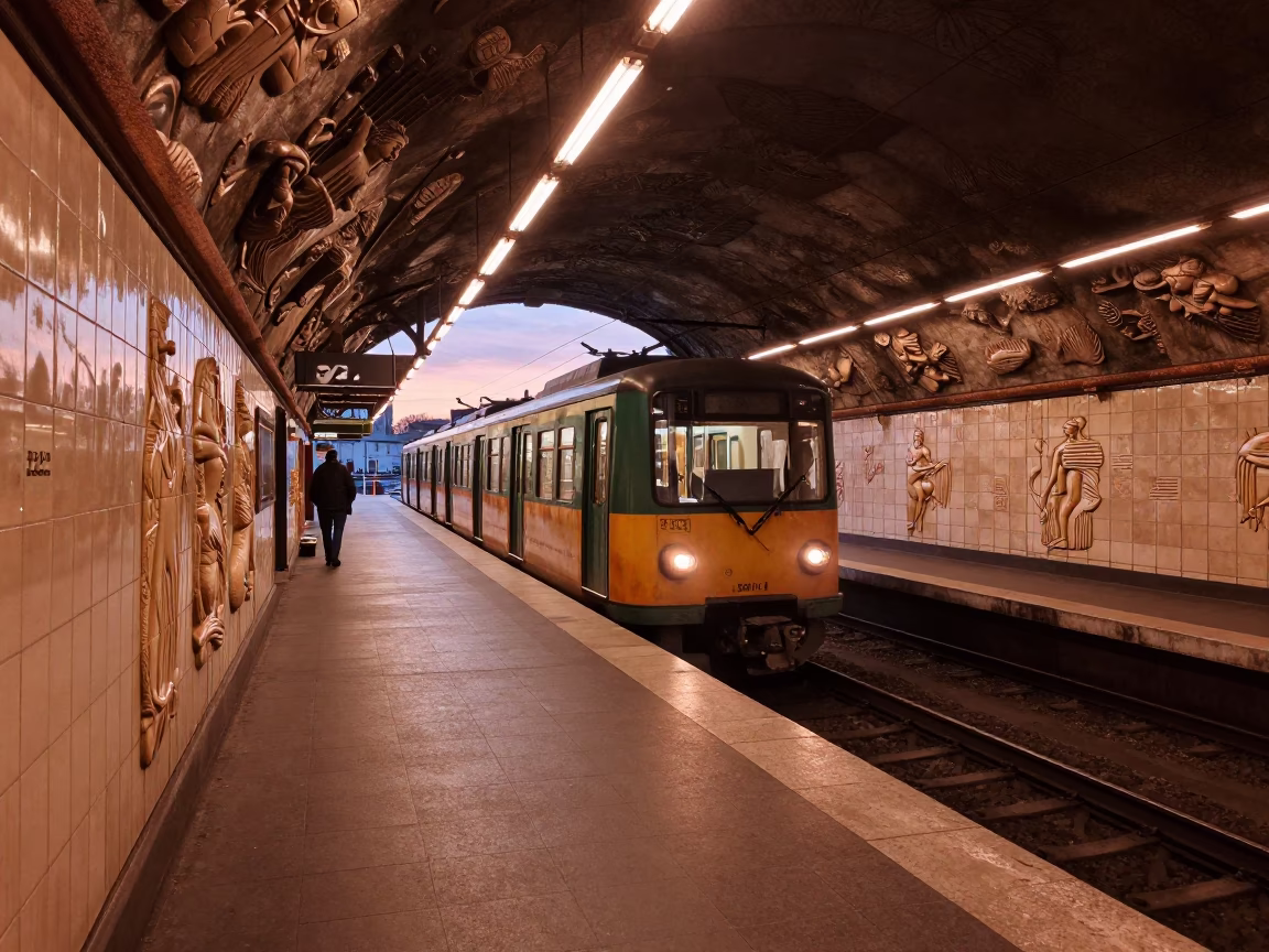 Train Arriving in Stockholm at Copper-toned Light Before Dusk in in Stockholm, Sweden