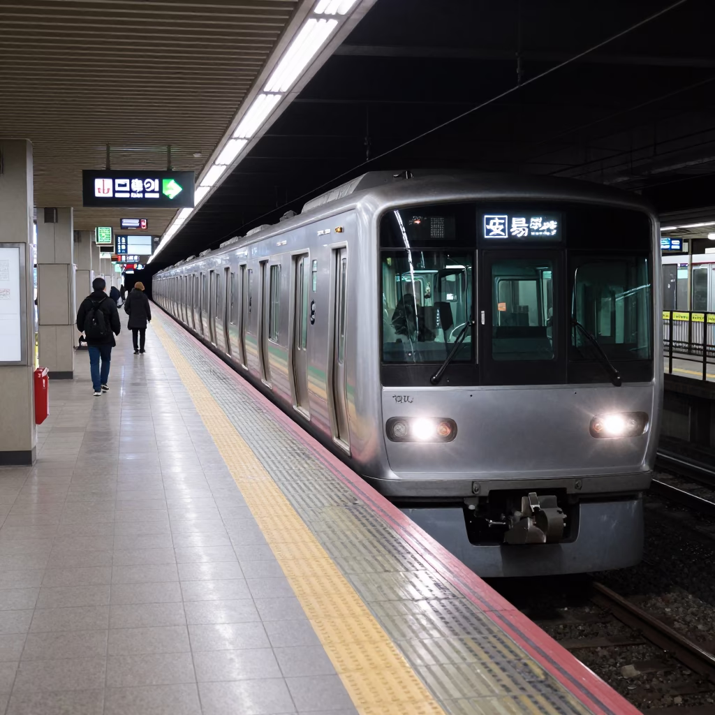 Train Arriving in Tokyo at As City Lights Begin To Glow in in Tokyo, Japan