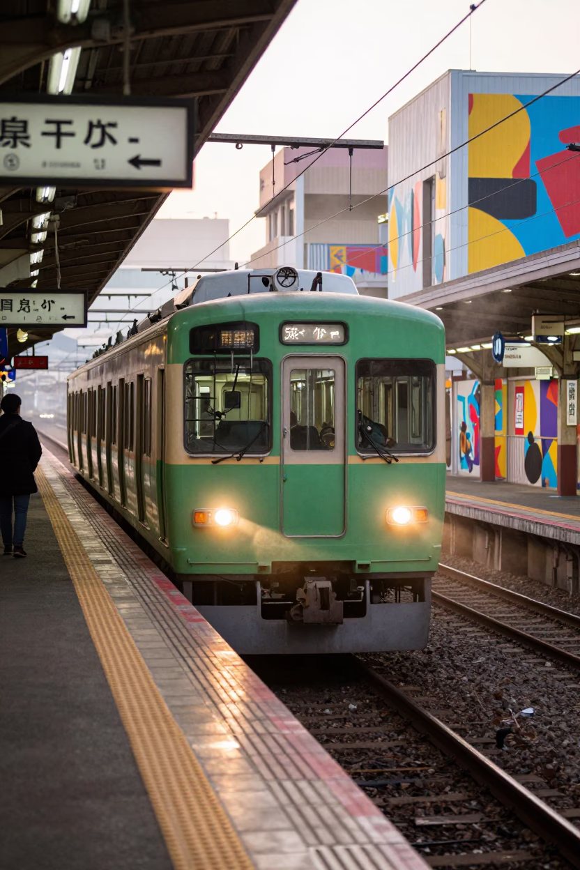 Train Arriving just after sunrise in Osaka in in Osaka, Japan