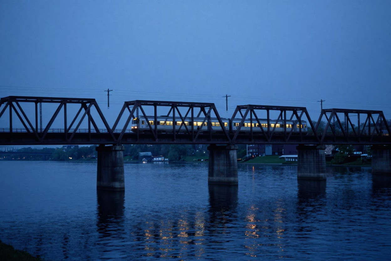 Train on Bridge Over River at Blue Hour Virginia in in Virginia