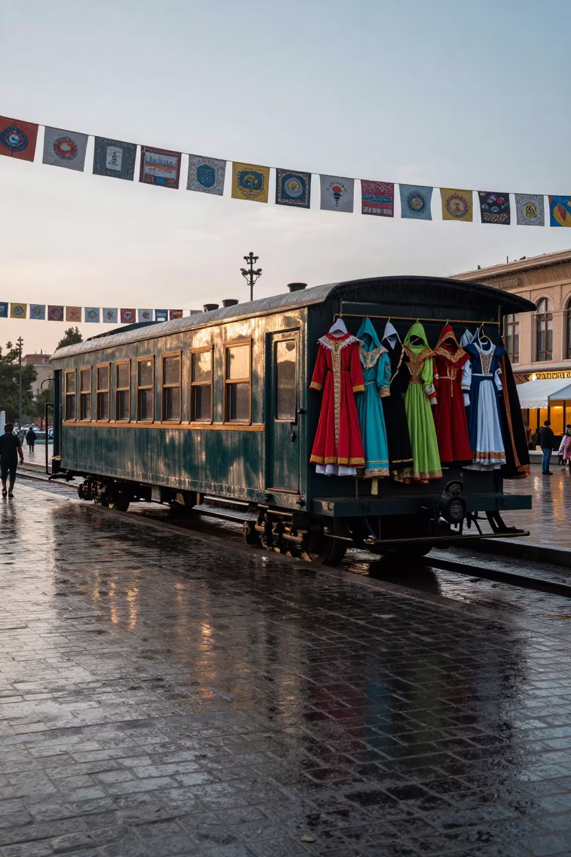 Train Car Embedded Parade Costumes Backstage in at a public square during a festival near Erbil