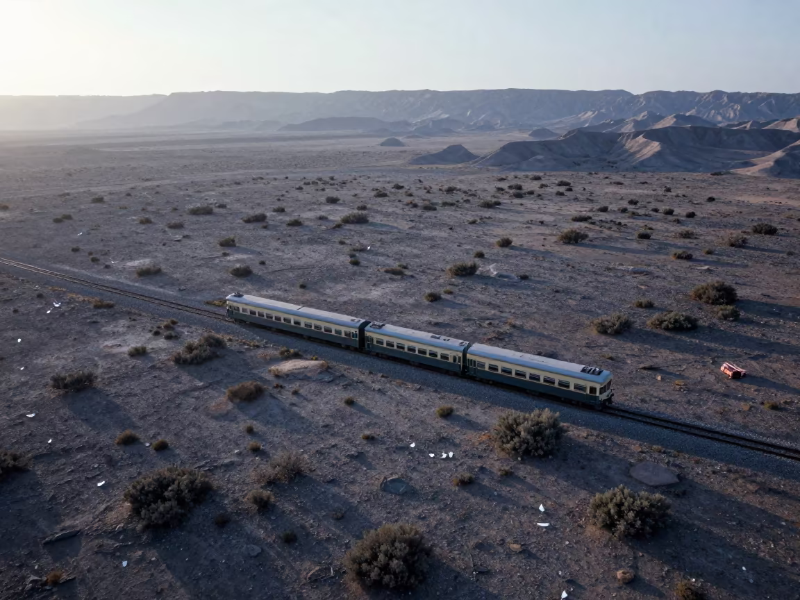Train Car in Eritrean Tundra Dawn in across a wide valley floor in Eritrea