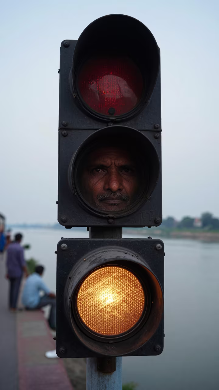 Train Dispatcher Face Glowing in Signal Board Light in near a riverside landing in Thane