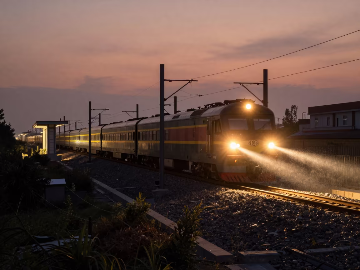 Train Silhouette on Zhengzhou Causeway at Dusk in on a wind-open causeway near Zhengzhou