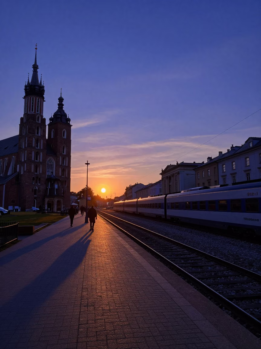 Train Station at As The Sun Drops Toward The Horizon in Krakow in in Krakow, Poland