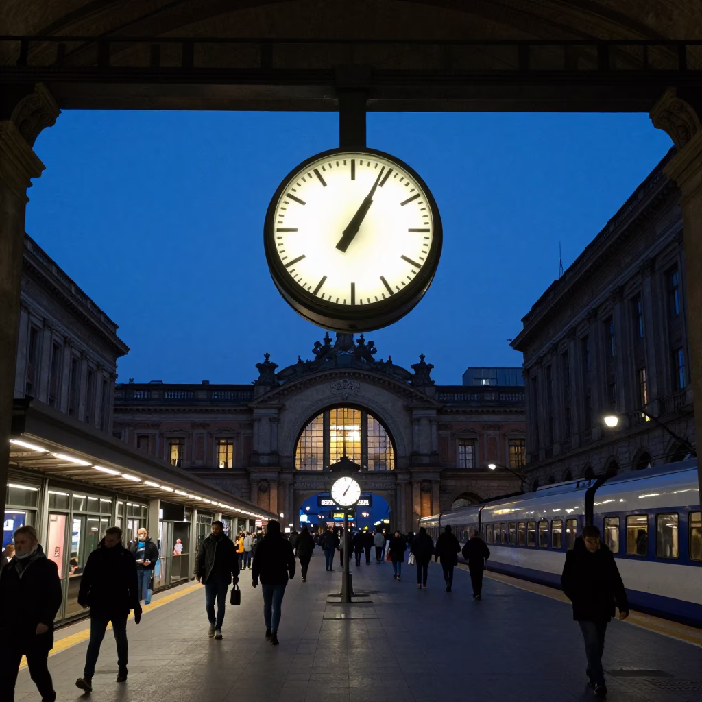 Train Station Clock in Naples at Twilight in in Naples, Italy