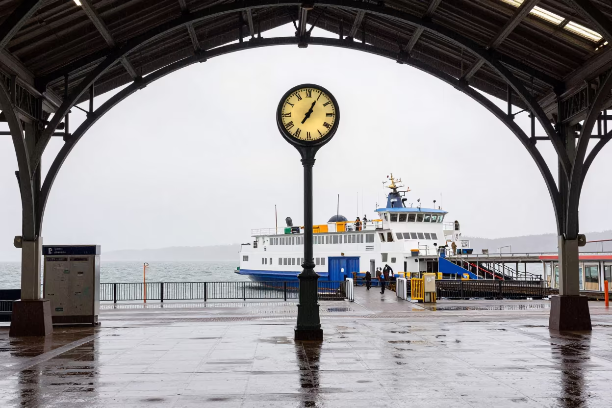 Train Station Clock Under Vaulted Iron Roof in across a remote ferry crossing near Tuni