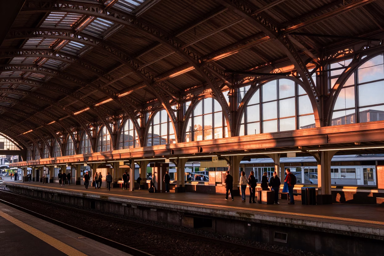 Train Station in Auckland at Copper-toned Light Before Dusk in in Auckland, New Zealand