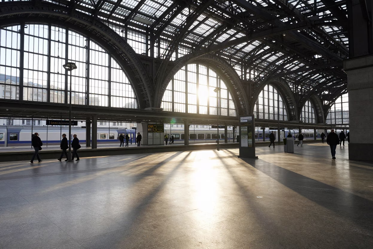 Train Station in Vienna at As First Light Reaches The Scene in in Vienna, Austria