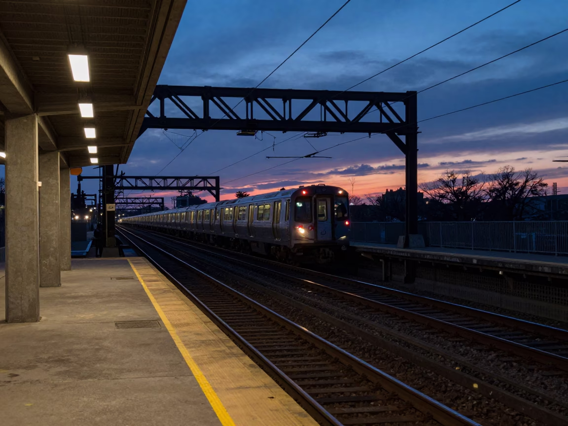 Train Stop in Chicago at Indigo Twilight After Sunset in in Chicago, Illinois, United States