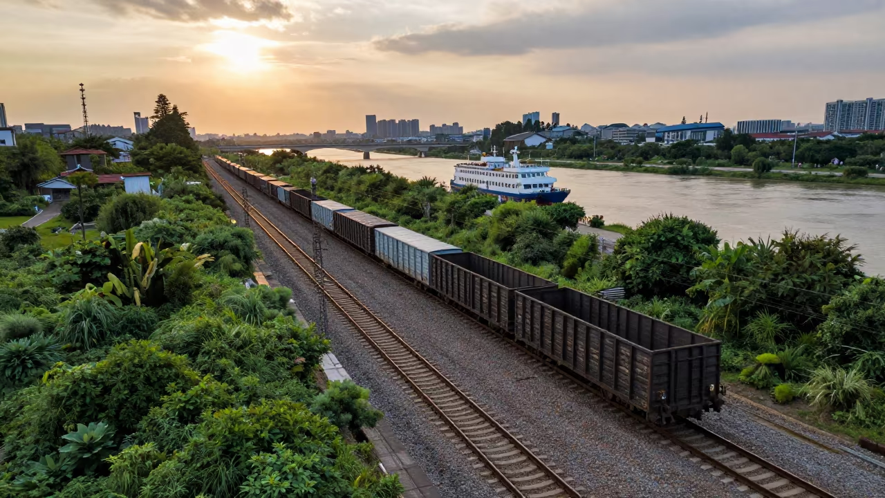Train Tracks Ferry Crossing Chengdu Evening Light in across a remote ferry crossing near Kuanzhai Alley, Chengdu