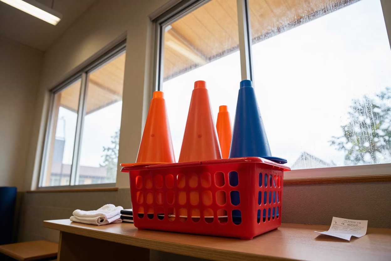 Training Cones in Basket at Ottawa Gym Desk in at a gym check-in desk in Ottawa