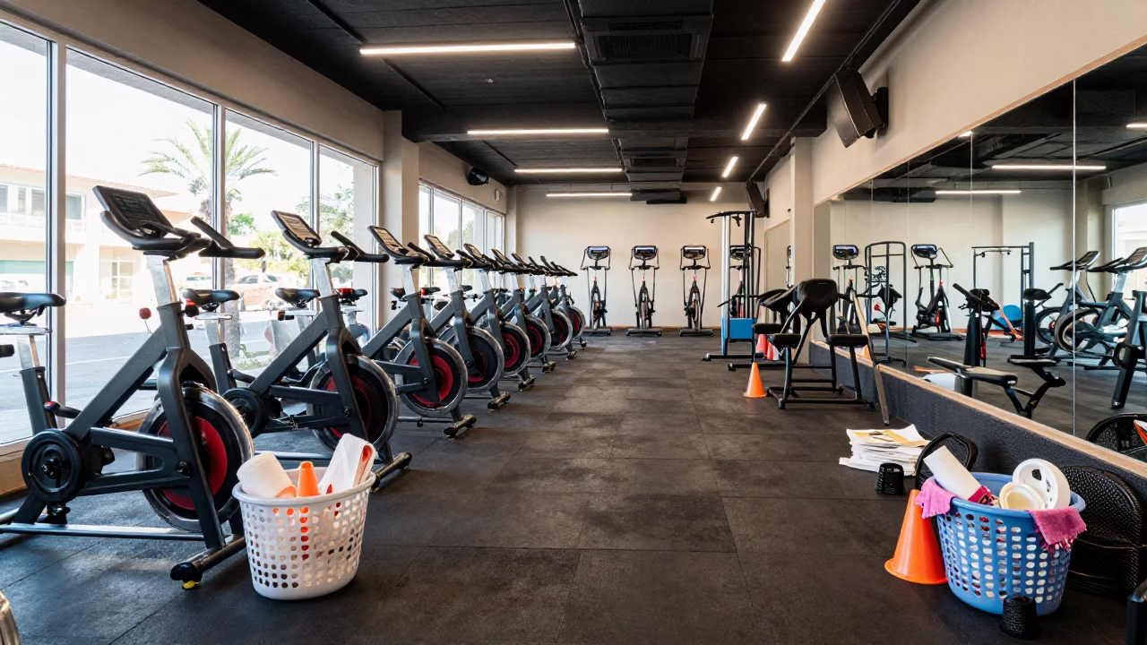 Training Cones and Towels in Spin Studio in inside a spin studio under class lights in Faiyum