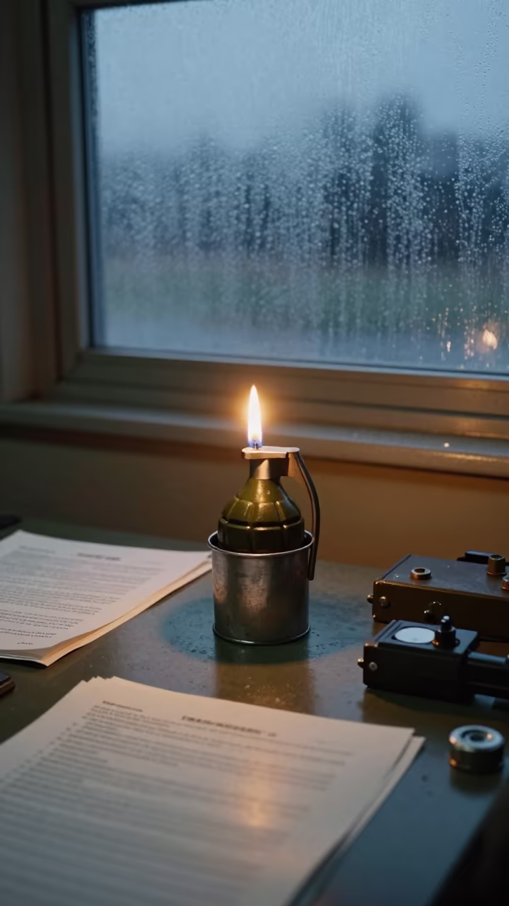 Training Grenade Spoon Parts in Dawn Light in inside a briefing room in United States