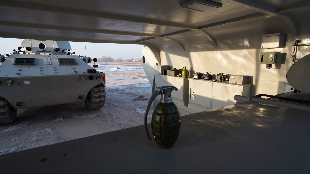 Training Grenade Spoon Parts in Hisar Armory Bay in in an armored vehicle bay in Hisar