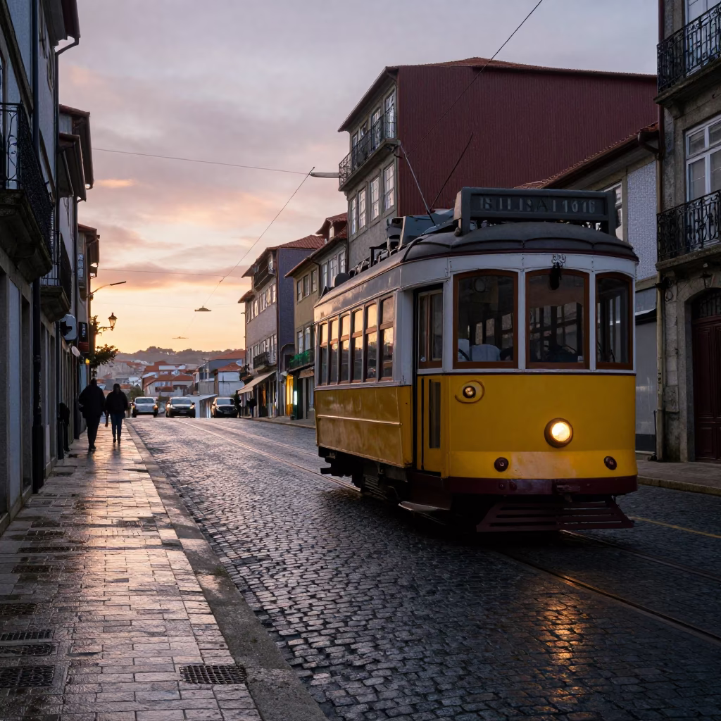 Tram 1 at Nautical Dawn Light in Porto in in Porto, Portugal