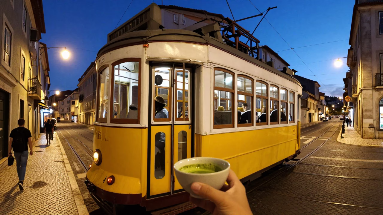 Tram 28 in Lisbon at Indigo Twilight After Sunset in in Lisbon, Portugal