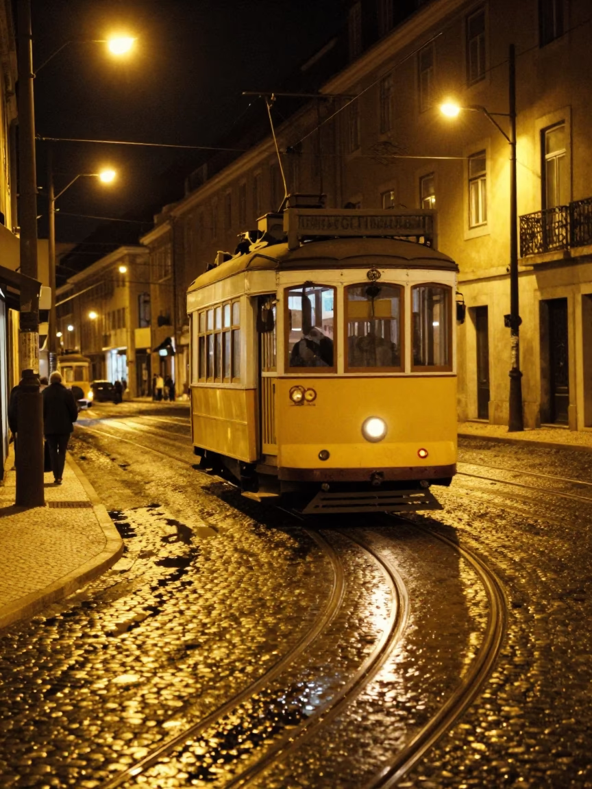 Tram 28 Passing in Lisbon at Deep In The Night Light in in Lisbon, Portugal