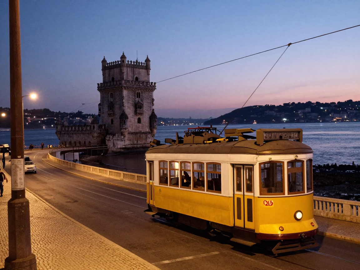 Tram 28 Passing Past Belém Tower And Tagus River in Lisbon at Twilight in in Lisbon, Portugal