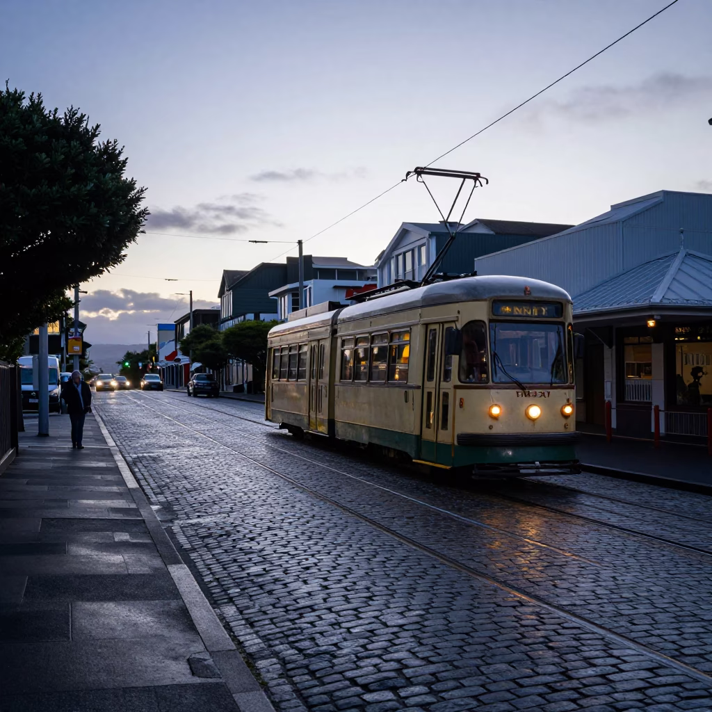 Tram Ascending Steep Hill in Pre-Dawn Wellington New Zealand Cool Stillness in in Wellington, New Zealand