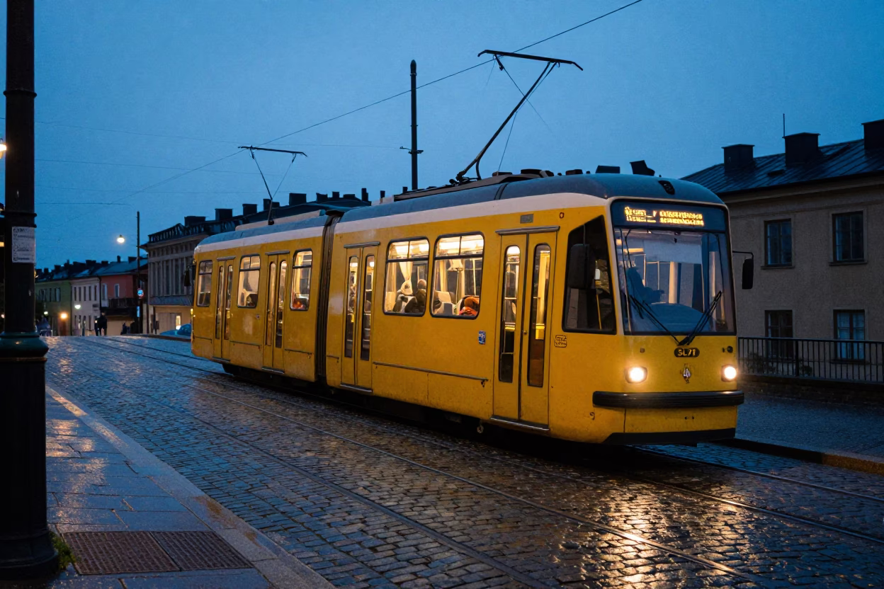 Tram Ascent in Stockholm at The Still Hours Before Dawn Light in in Stockholm, Sweden